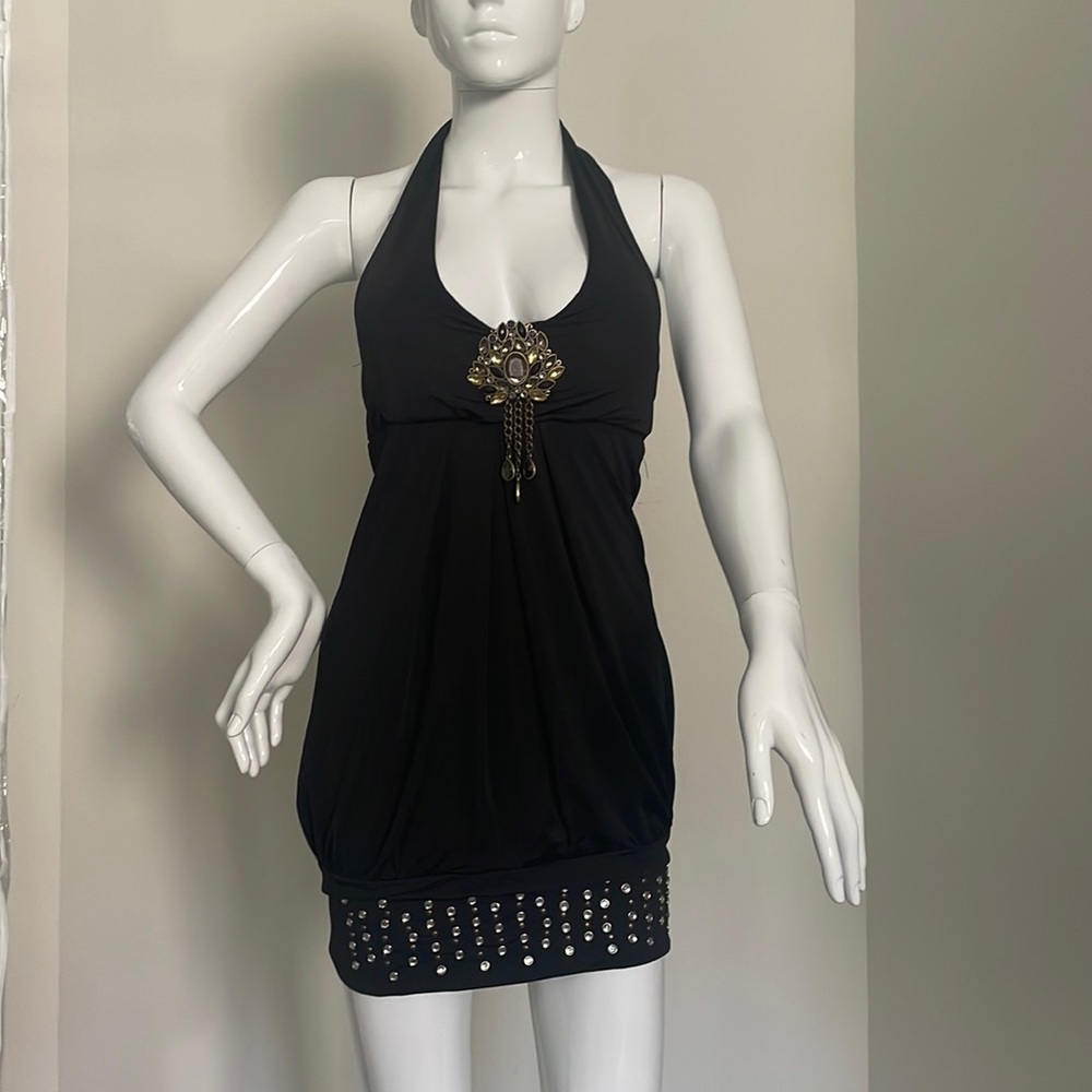 Halter mini dress, black.